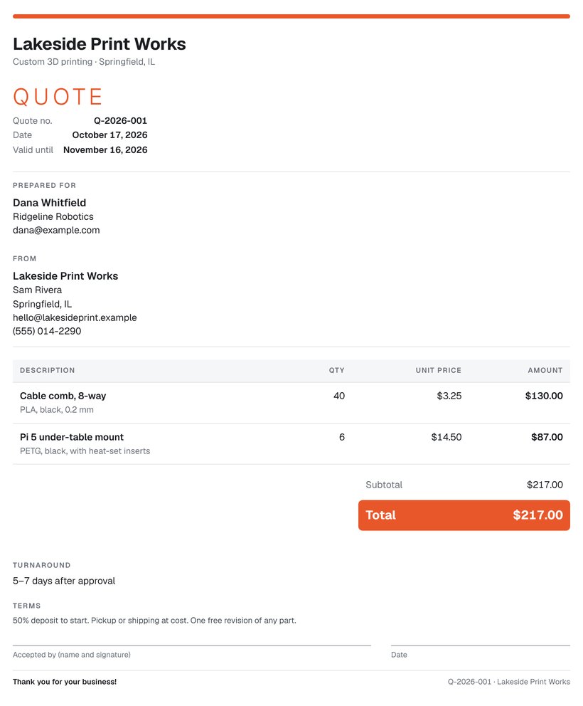 A customer quote made by Print Room HQ: numbered, with line items, total, terms and a signature line